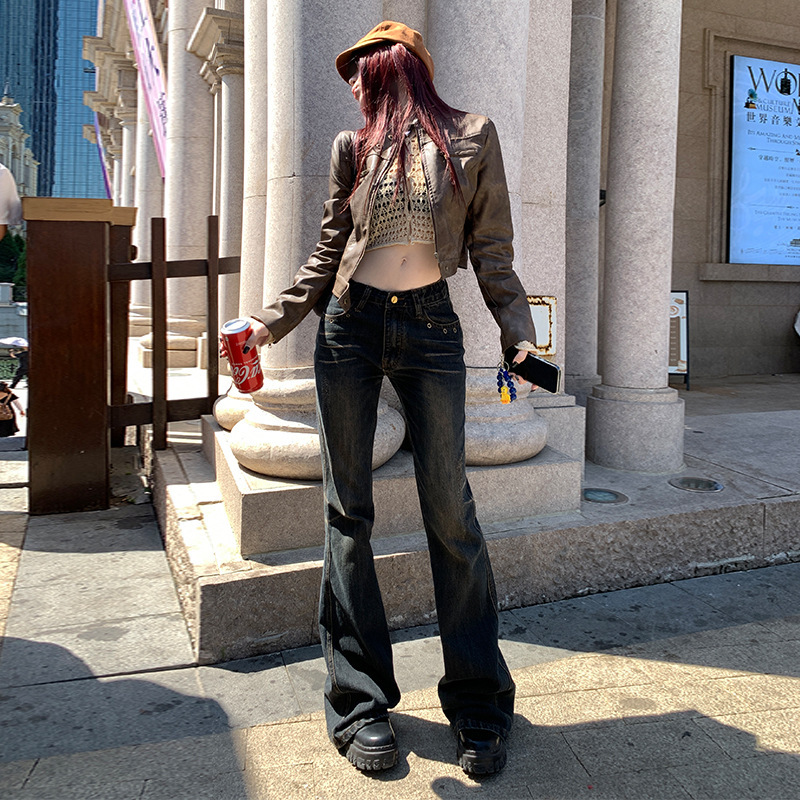 24h-no closing-modern retro | Light hippie all-match | Low waist flared pants mocha blue gray trousers & lengthened