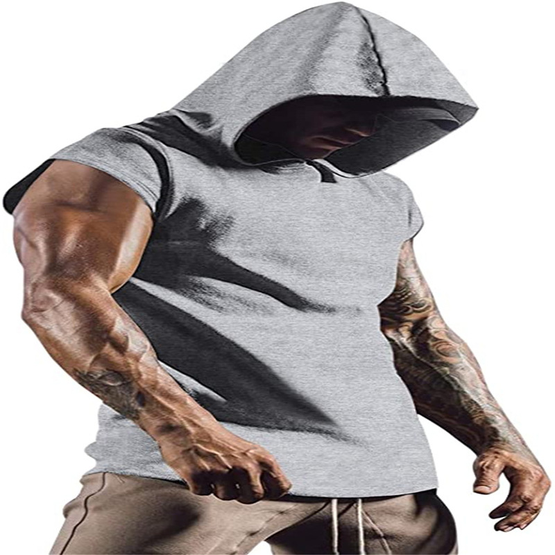 Men's Clothing outdoor sports men's hooded sleeveless fashion hip hop youth muscle fitness vest solid color jacket_voghion.com