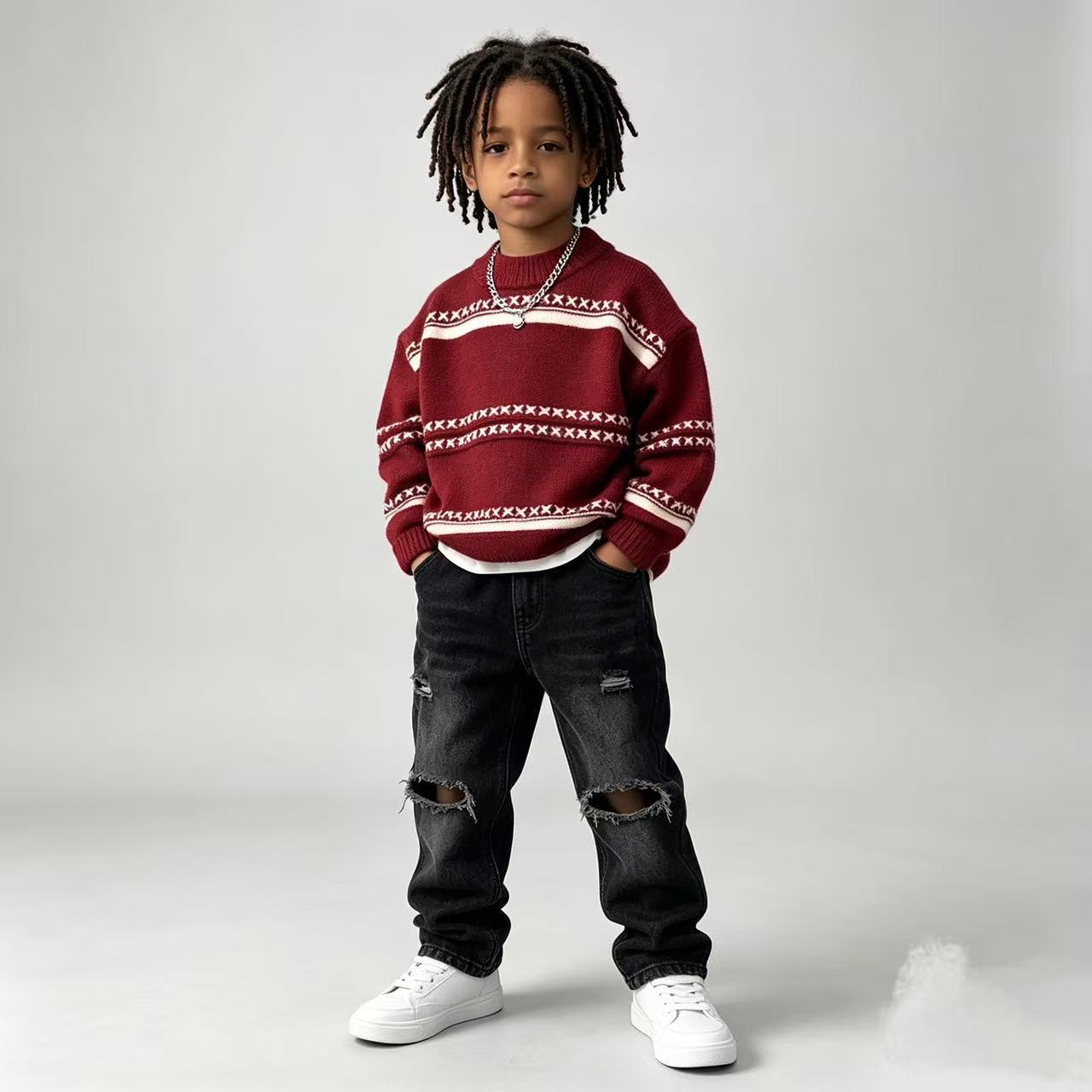 2026 Spring New Style Korean Style Boys' Knitted Sweater, Round Neck Striped Pullover, Long Sleeve Top