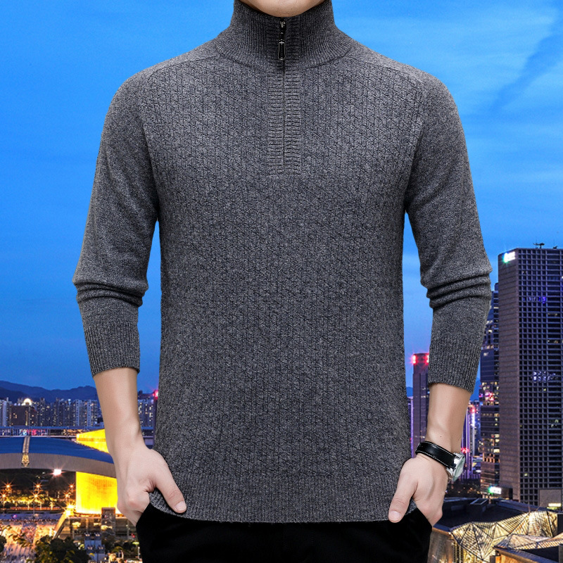 Men's demi-season solid color woolen knitted sweater with zipper