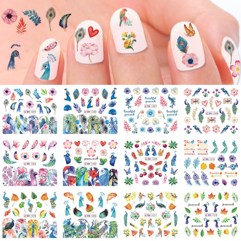 Cross-border supply nail art watermark stickers ins Pop Art water color peacock feather nail water decal Cross-border supply nail art watermark stickers ins Pop Art water color peacock feather nail water decal