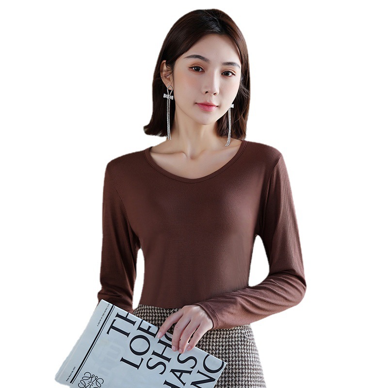 Camiseta de manga larga para mujer, cuello en V, acanalada, de color sólido, para otoño e invierno, modelo T2024