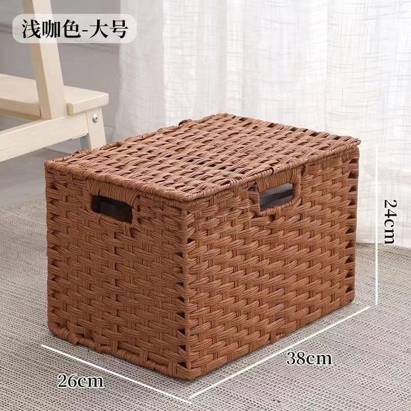 带盖仿藤编织收纳筐多功能整理收纳篮带把手家用卧室杂物储物盒新|undefined