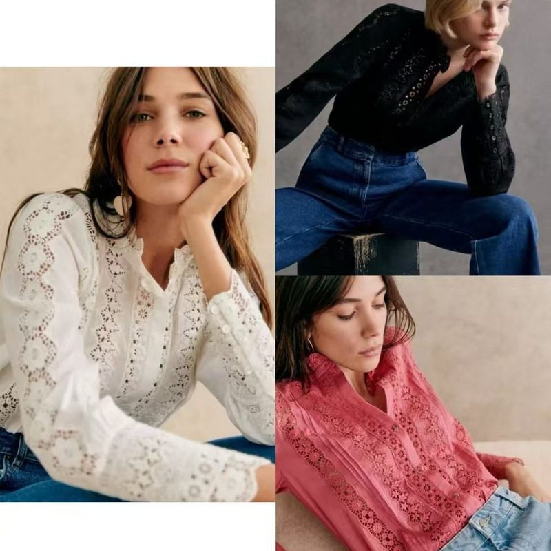 Se French-Style Shirt Spring and Summer New Hollow-Out Floral Embroidery Lace Vintage Top Front-Button Long-Sleeve Shirt for Women