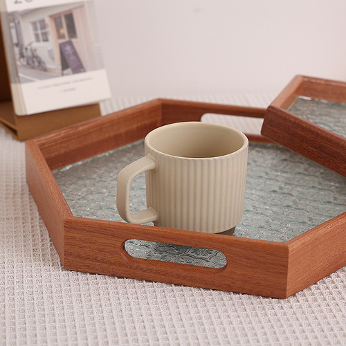 Walnut wood honeysuckle glass tray for home living room cup storage tray creative glass fruit and dessert plate