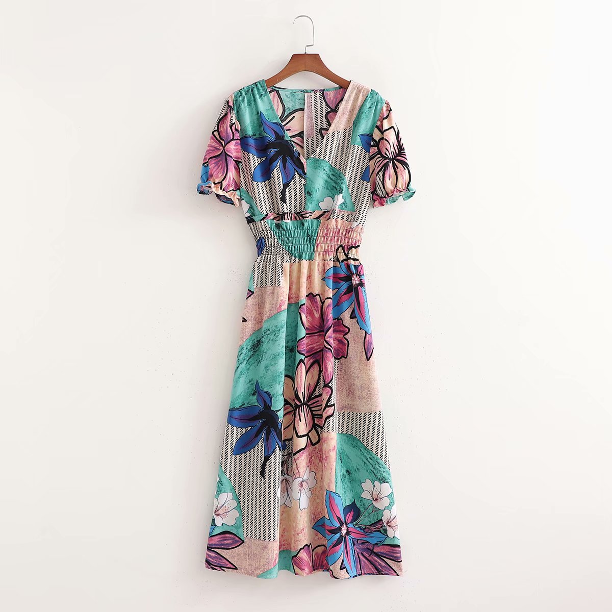 V-neck elastic waist print long dress NSAM46176