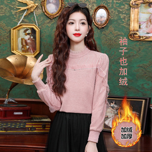 fleece-lined Thickened Lace Shirt Women's Long-sleeved 2024 New Autumn and Winter Slimming Sweet Western-style Base Shirt Half-high Collar Top