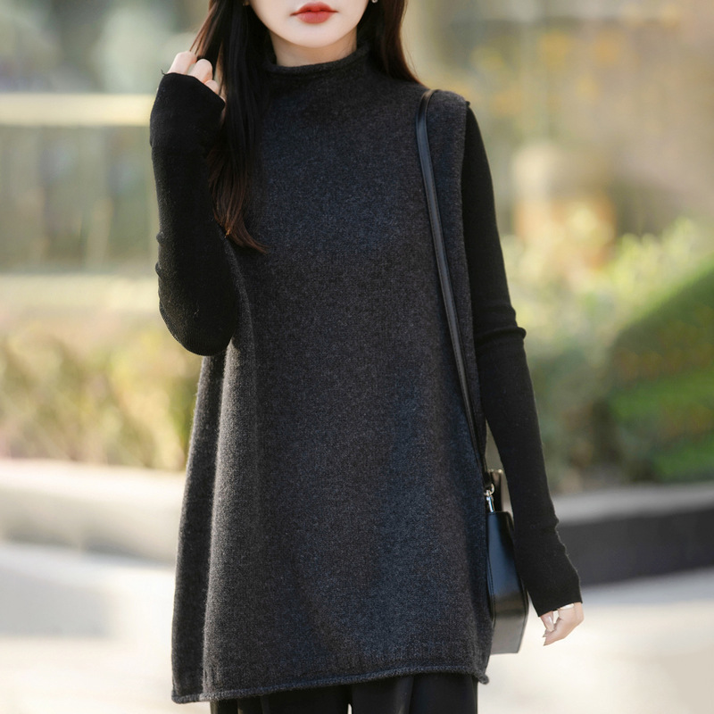Casual Half-High Collar Mid-Length Knitted Sweater Vest for Women, Autumn and Winter Rolled Edge Loose Sleeveless Layered Sweater Vest