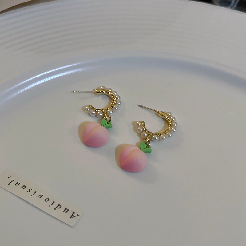 Cute Pink Peach Shape Pearl Alloy Pendant Stud Earrings display picture 4