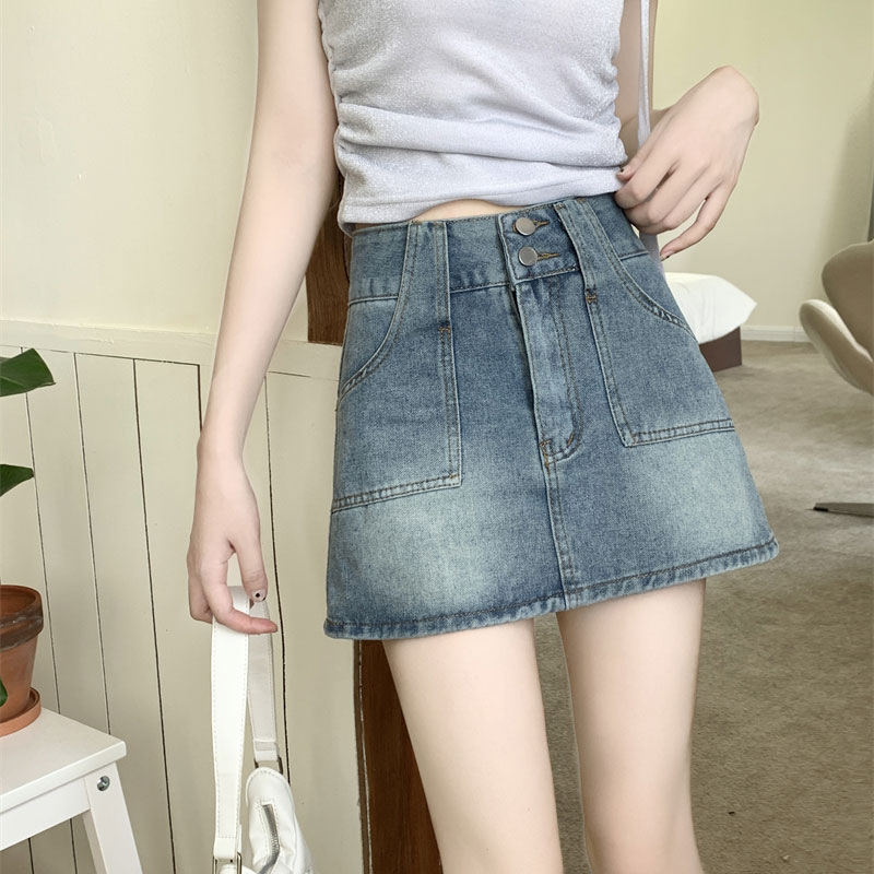 Vintage Denim Short Skirt Thin High Waist Denim Skirt Women's New Vintage Anti-walking Hip A- line Half Skirt