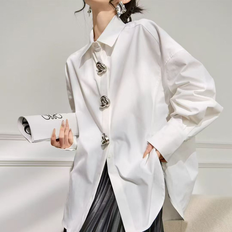 Heavy-Duty Pure Cotton Simple Long-Sleeved Shirt for Women 2025 Autum New Design Metal Buckle Loose Top