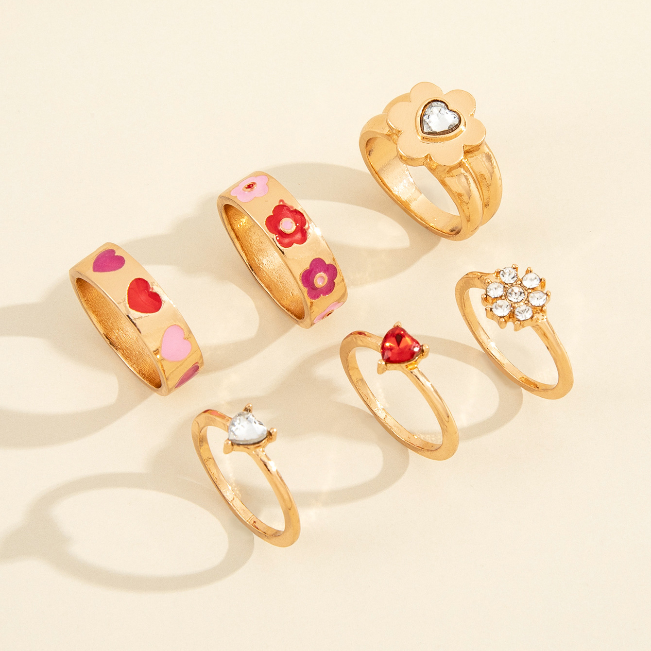 European And American Cross-border New Product Retro Color Love Flower Rhinestone Joint Ring Fashion Six-piece Set display picture 10