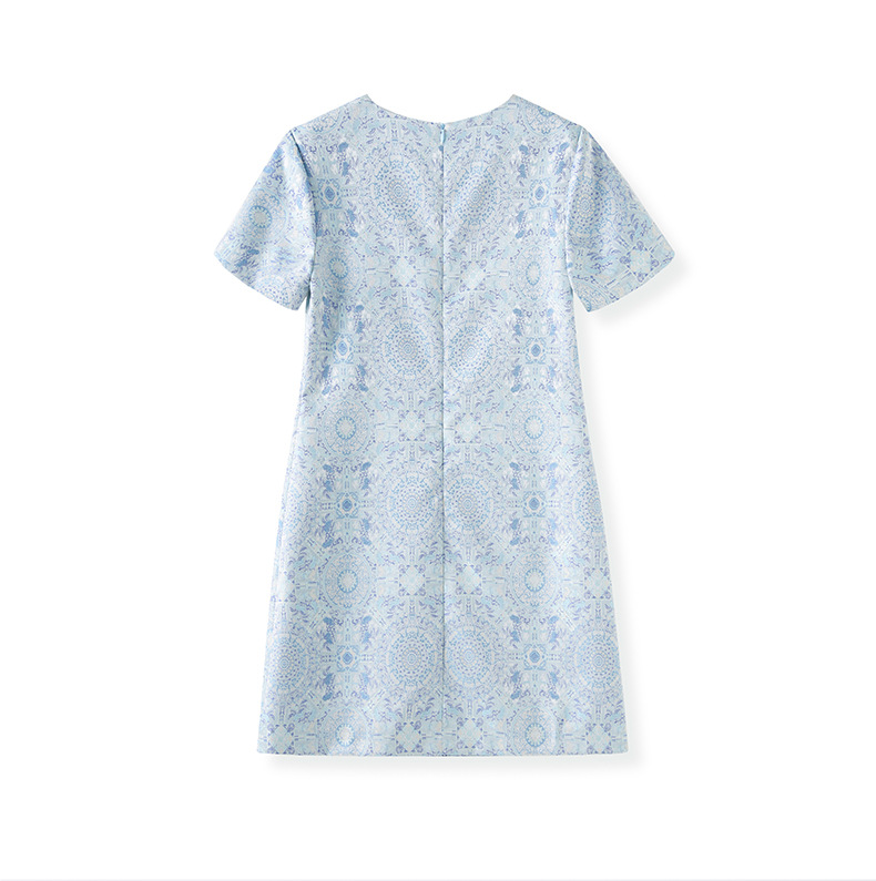 Váy chữ A jacquard lụa vàng phong cách quốc gia tay ngắn chất lượng cao — Màu xanh lam chi tiết 16
