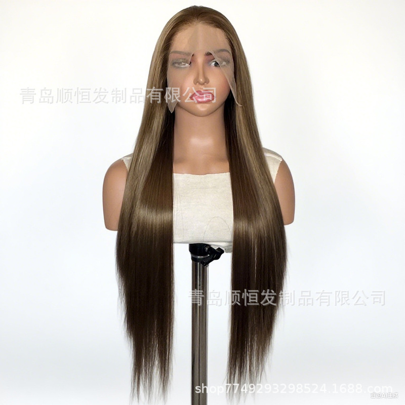 クロスボーダーウィッグ女性のロングヘアフロントレースゴールデンブラウンファッションロングストレートヘア合成繊維マット高温シルクフルヘッドギア|undefined