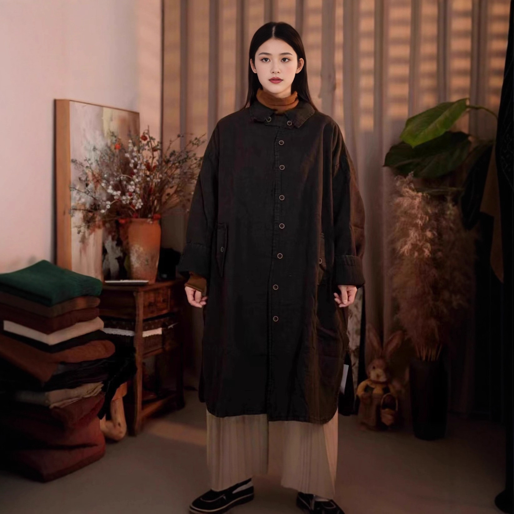 High-End Linen Long Coat, Feminine Lapel, Pure Color Simple Cotton Jacket, Retro Fashion Long Casual Windbreaker