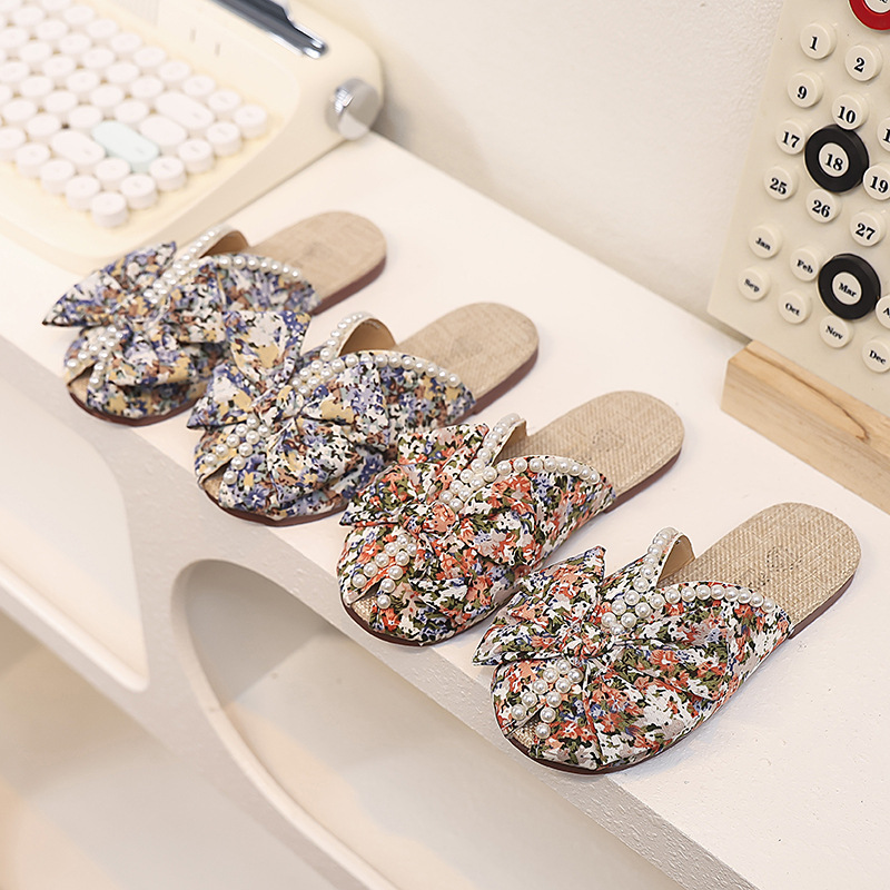 Zapatillas de arco para niñas verano nuevos niños zapatos de princesa de perlas suaves para niñas zapatillas de moda