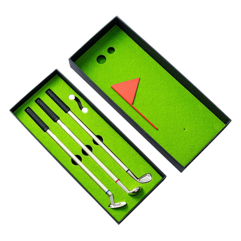 Venta al por mayor de fábrica de regalo de golf pluma de escritorio mini golf verde metal Club bolígrafo pluma traje