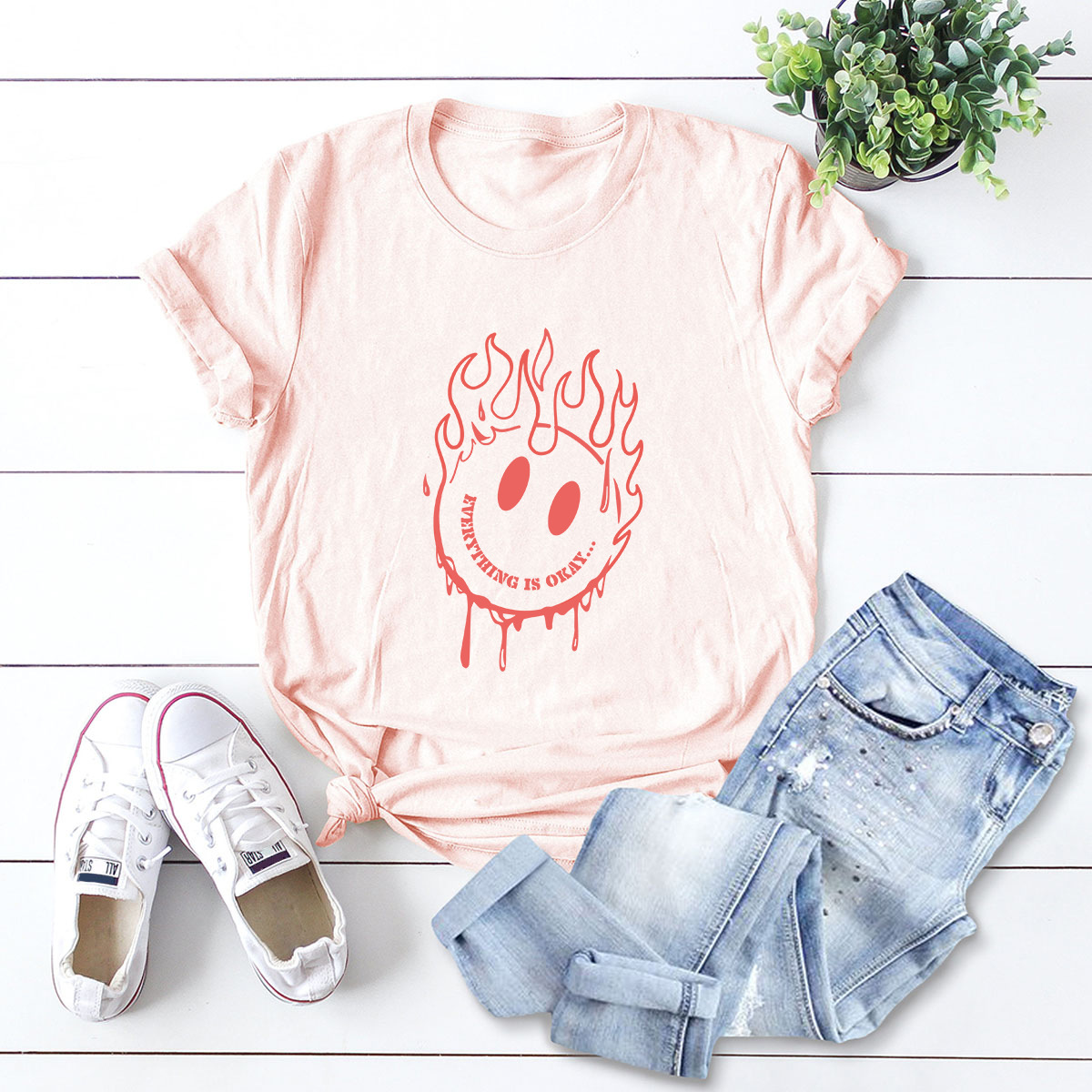 fashion smiley print short-sleeved T-shirt NSSN30849