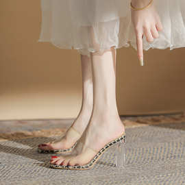 974-0高跟鞋女2023年新款夏季外穿透明水晶跟单鞋女粗跟时尚女