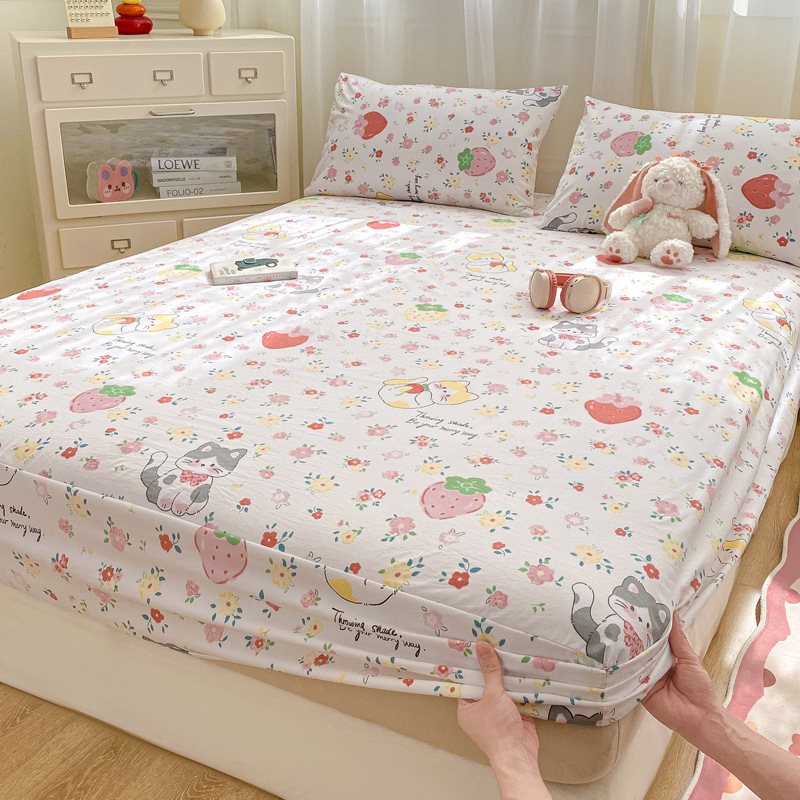 Category a Maternal and Infant Grade Bed Sheetss, Small Fresh Floral Double Dormitory Washed Cotton Bedspread, Fully Surrounded Mattress Protector