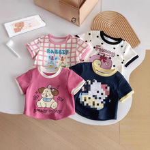 夏季新款卡通洋氣可愛女童寶寶可愛波點格子撞色拼接短袖T恤上衣