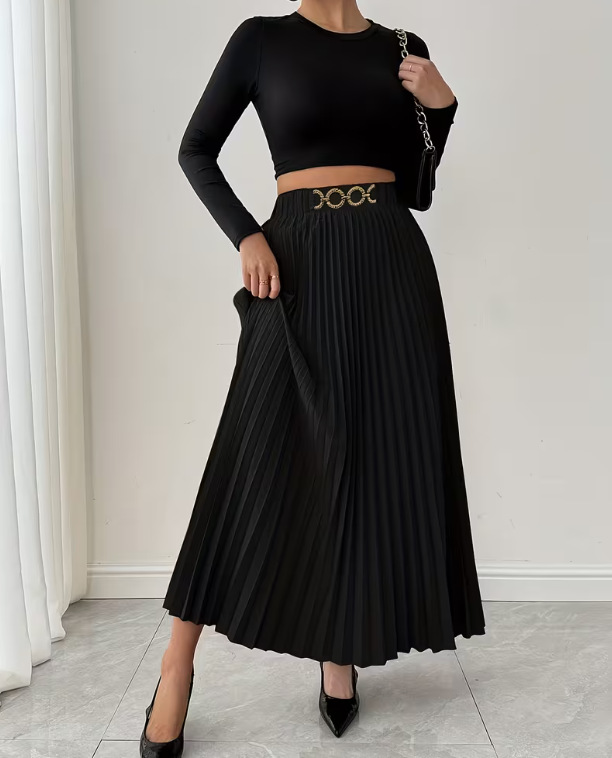 Vêtements pour femmes - Nouvelle jupe midi plissée polyvalente - Taille haute - Coupe trapèze_voghion.com