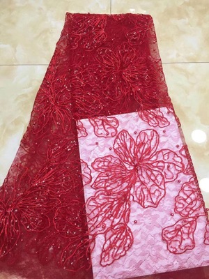 精细绣花大机绣红色连衣裙立体经编复古蕾丝面料