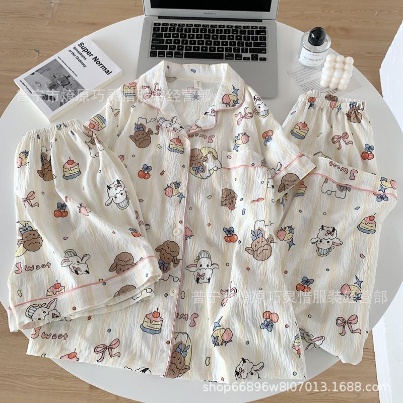 Hermosos pijamas de tela de rabu mujeres primavera y otoño verano nubes de algodón dulce mangas cortas pantalones cortos de tres piezas ropa para el hogar