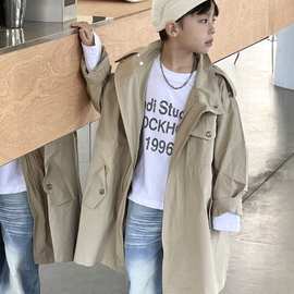 24春新款中小童男童韩国童装卡其色工装风水洗棉布长款风衣外套