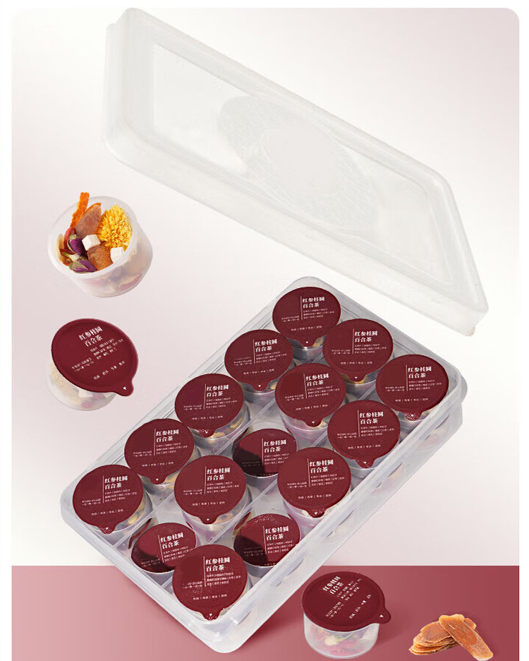 Red Ginseng Longan Goji Herbal Tea Blend with Lily Poria Red Date Mulberry Rose 15g x 15 Cans Cold Brew Wellness Tea in use