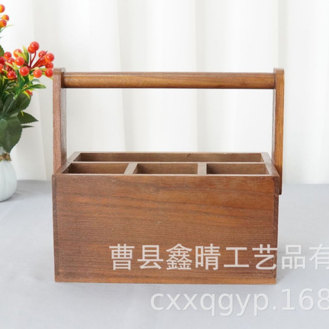 Caja de almacenamiento de vajilla de madera maciza de cocina Caja de acabado de cuchillo y tenedor portátil de madera Caja de almacenamiento de subformato de madera de escritorio