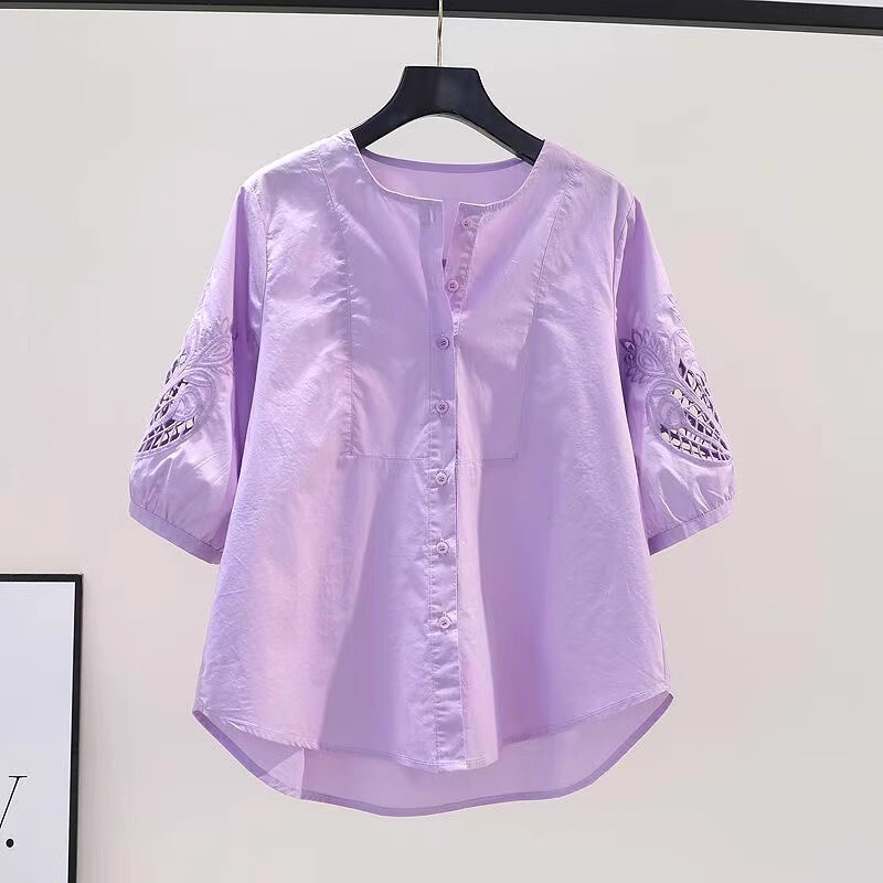 Light Purple Hollow Embroidered Cotton Shirt Women's 2025 Summer Design Round Neck Loose Shirt Top A3687