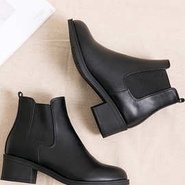 冬季中跟女短靴加绒切尔西靴马丁靴工作鞋粗跟靴子黑色皮靴及踝靴