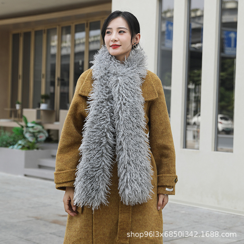 韩国品质秋冬高仿滩羊毛双面长款百搭围巾毛绒毛领子皮草围脖披肩|undefined