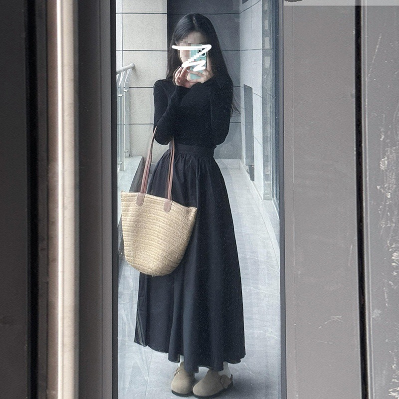 (2개) 프랑스 디자인 센스 블랙 긴팔 니트 원피스 여성의 가을과 겨울 2025 새로운 가을 허리 긴 스커트 세트