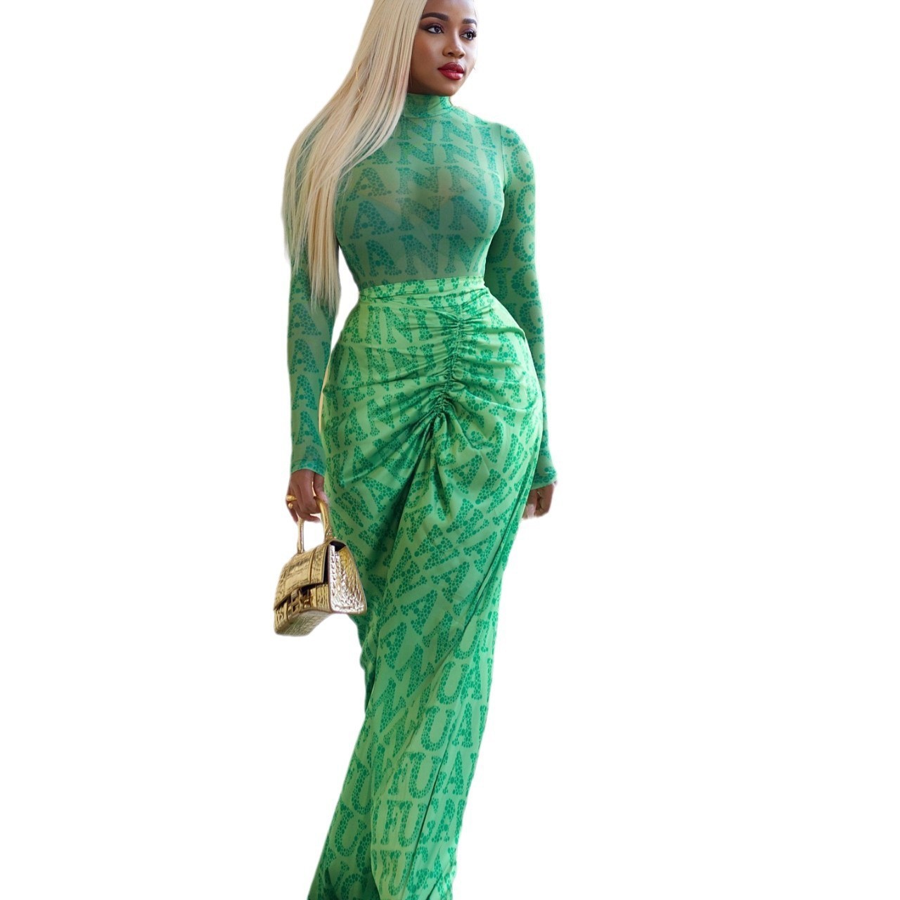 Y6050 Cross-Border European And American Women's Fashion Autumn Winter New Mesh Top Ruched Slim Long Skirt Two-Piece Set_ecoleips.com
