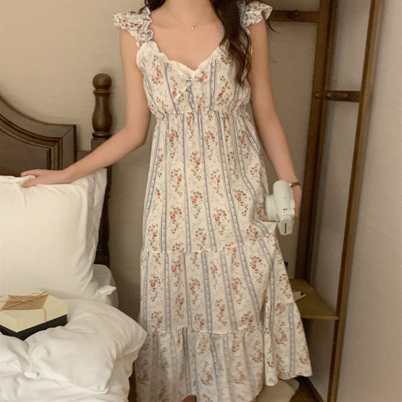 韩国chic外贸女士夏季复古碎花新品韩版吊带v领连衣家居服睡裙女