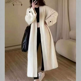 外贸款 V领中长款针织开衫女秋冬新款慵懒风软糯宽松简约毛衣外套