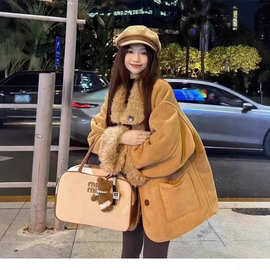 跨境韩国两面穿皮毛一体羊羔毛机车服秋冬宽松加厚麂皮绒毛外套女