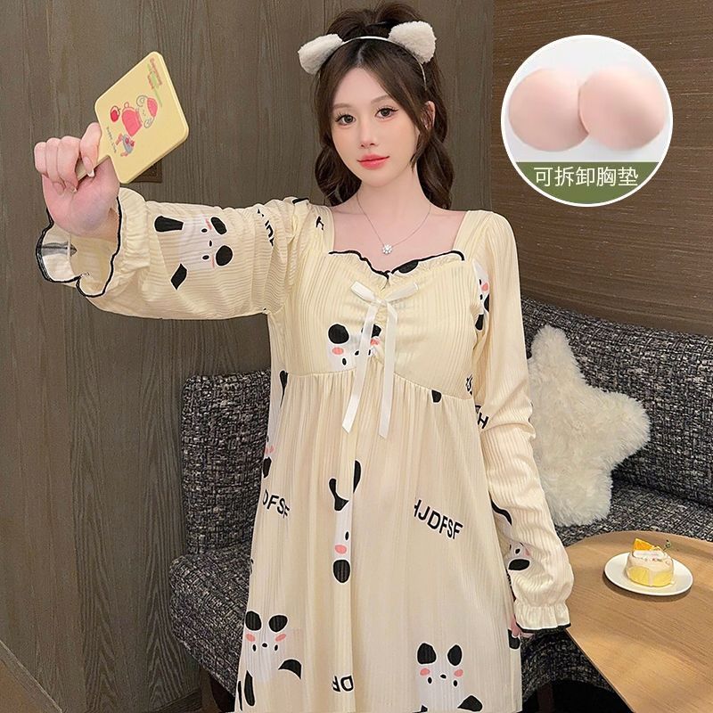 Venta al por mayor transfronteriza otoño nuevo estilo con almohadilla para el pecho imitación algodón camisón de manga larga pijama de estilo princesa de dibujos animados dulce servicio a domicilio femenino