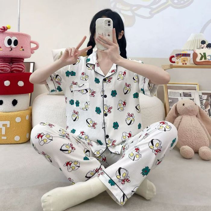 Vietnam transfronterizo al por mayor pijamas de verano para mujer, pantalones frescos de manga corta, cárdigan estampado, servicio a domicilio, dos trajes