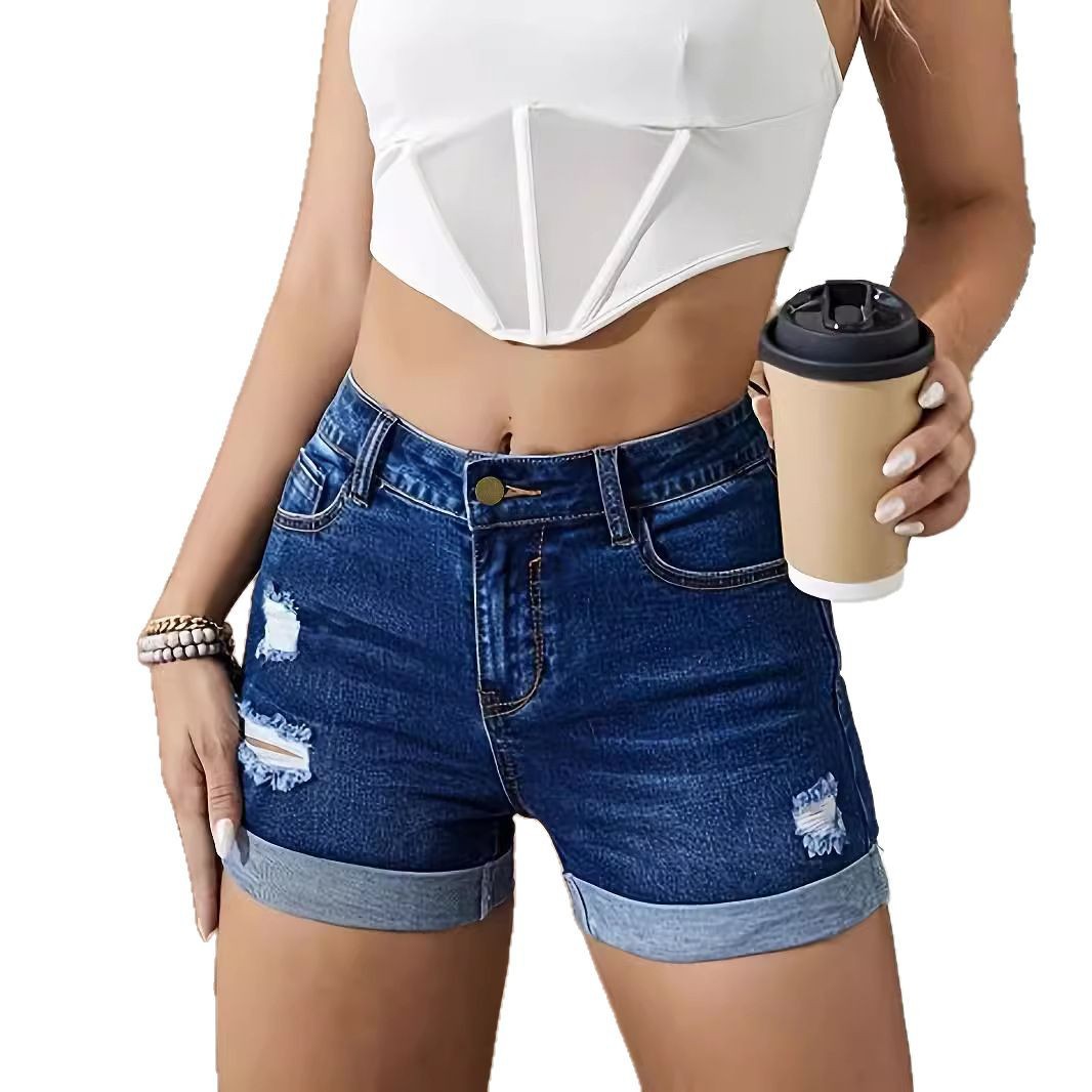 Women's Mid-Waisted Denim Skirt With Ruffled Hem – Classic Navy Blue A-Line Skirt For Casual & Chic Style_voghion.com