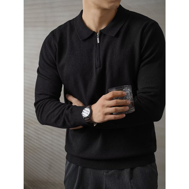2025 Fashionable Black Knitwear Men's Slim Elegant Half-Zip Knitwear Polo Lapel Long-Sleeved Shirt