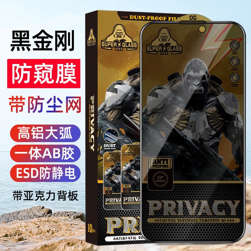黑金刚25度适用苹果17promax防尘网防窥膜iphone16高铝防窥钢化膜