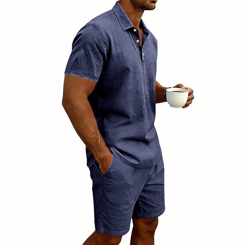 Ensemble polo et short de plage décontractés en lin, style américain, pour homme, idéal pour l'été, les vacances et les trajets quotidiens. Grandes tailles disponibles. Coupe ample. Polo à revers simple et coupe simple._voghion.com