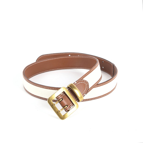 New Fashionable Ladies Belt for Export Trade Live Broadcast Canvas with Top Grain Leather Pin Buckle Waist Seal Large Buckle Belt for Women 