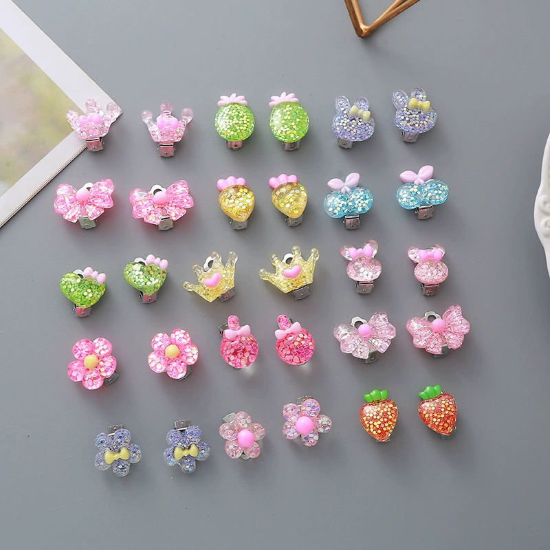 Детские клипсы для девочек и малышей без прокола в ушах, безболезненные, милые, из смолы с блестками, в виде короны, цветка, принцессы, серьги-украшения