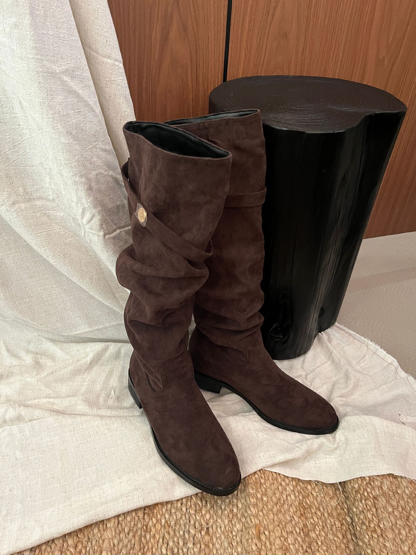 ShoeVault 2024 Chunky Heel Retro Fleece-Lined Coffee Color Riding French Style Slim Bare Autumn Winter Women's Over-the-Knee Boots_voghion.com