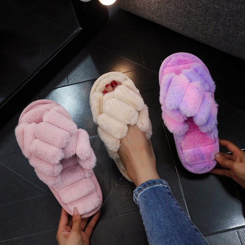 Cross-Border Trendy Cross-Fur Slippers for Women, Non-Slip Indoor Thick-Soled Home Plush Maternity Cotton Slippers