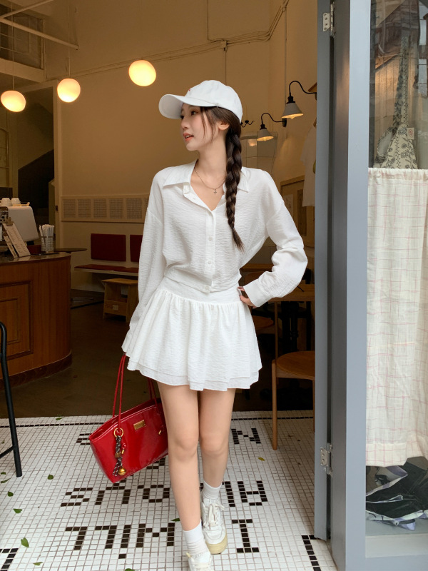 白色POLO领纽扣凉感长袖衬衫女2025年秋季新款高级感褶皱短款上衣|undefined